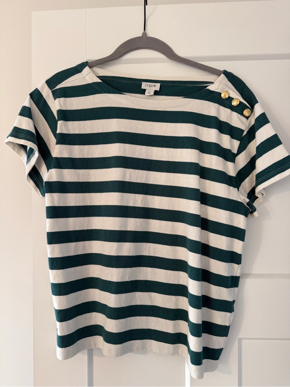 J. Crew Dark Green & White Striped Button-Shoulder Tee